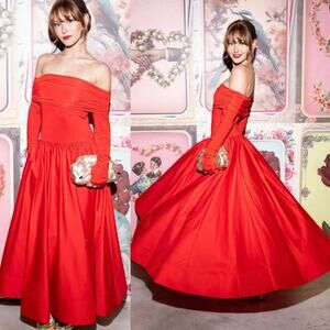 Alice + Olivia Chara Flared Midi Dress Off the Shoulder Bright Ruby Red 4